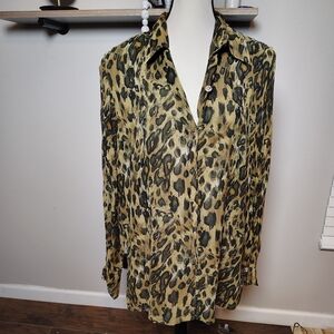 Linea by Louis Dell'Olio Tan and Brown Shear Blouse Large Leopard